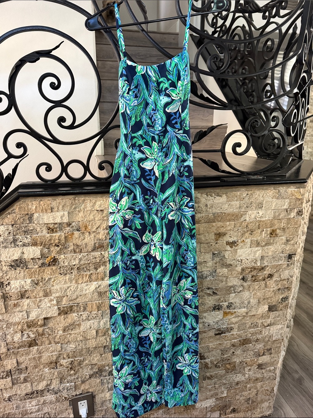 Navy Floral Maxi Jumpsuit with Green Accents